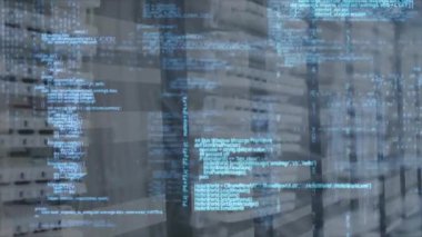 Animation of data processing and light trails against close up of computer servers. Global networking and business data storage technology concept