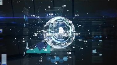 Animation of scope scanning with countdown over globe and data processing on black background. global technology, computing and digital interface concept digitally generated video.
