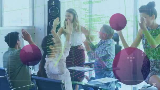 Animation Spheres Data Processing Happy Diverse Female Male Coworkers Clapping — Stockvideo