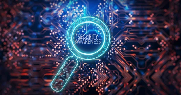 Image of magnifying glass with security awareness text over computer circuit board. Global business, technology and digital interface concept digitally generated image.
