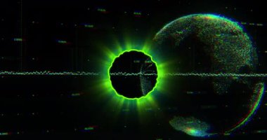 Animation of green circle over graph and globe on black background. Global network, finance, economy and technology concept digitally generated video.