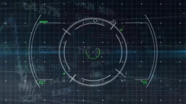 Animation of viewfinder, light, integrated circuit and data processing on black background. Computers, data processing, digital safety and security concept digitally generated video.