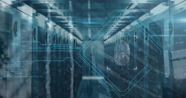 Animation of fingerprint scanning with coding on digital interface against server room. Digital composite, multiple exposure, artificial intelligence, safety, biometrics, accessibility, identity.