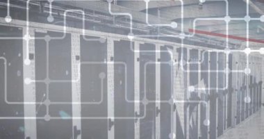 Animation of network of connections and plexus networks against computer server room. Global networking and business data storage technology concept