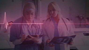 Animation of heart rate monitor over diverse female doctor and health worker discussing reports. Medical healthcare and technology concept
