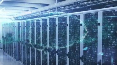 Animation of human brain icon spinning and data processing against computer server room. Medical research and business data storage technology concept