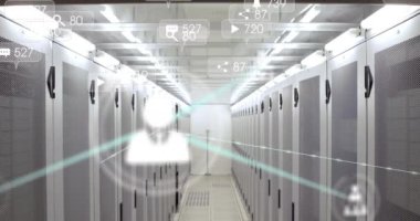 Animation of network of connections over server room. Global connections data processing and technology concept digitally generated video.