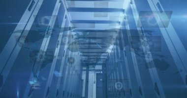 Animation of scopes scanning and data processing over world map computer servers. Global social media, connections, computing, digital interface and data processing concept digitally generated video.