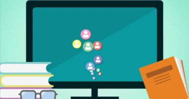 Ofis üzerinde medya simgelerinin canlandırılması. Sosyal medya ve dijital arayüz kavramı dijital olarak oluşturulmuş video.