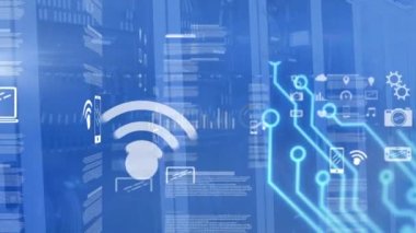 Animation of wifi symbol over graphs and data processing on black background. Global communication, business, data and digital interface concept digitally generated video.
