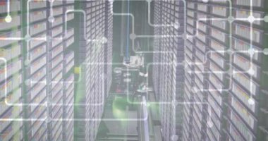 Animation of motherboard circuit over computer server room. Global communication, business, data and digital interface concept digitally generated video.