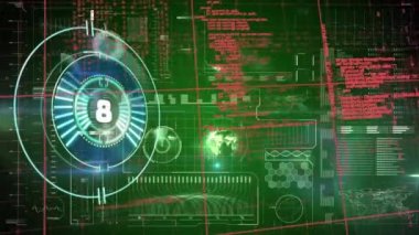 Animation of countdown over round scanner against digital interface with data processing. Computer interface and business technology concept
