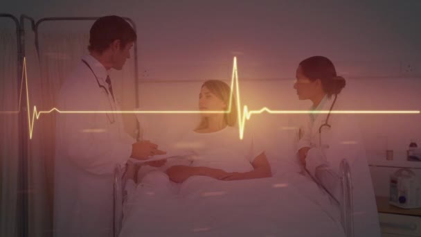 Animacja Pulsometru Nad Różnymi Lekarzami Rozmawiającymi Pacjentką Koncepcja Medycznej Opieki — Wideo stockowe