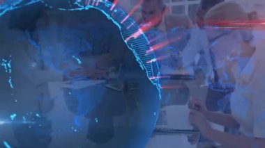 Animation of globe and light beams rotating over caucasian businesspeople discussing ideas in office. Digital composite, multiple exposure, global business, teamwork and technology concept.