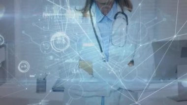 Animation of network of connections and data processing over caucasian female doctor. Global medicine and data processing concept digitally generated video.