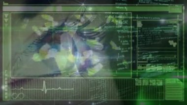 Animation of digital screen with data, pills and caucasian woman eye scanning. Science, health, technology and digital screen concept digitally generated video.