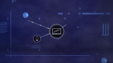 Animation of laptop and profile icons interconnecting with lines against infographic interface. Hologram, digitally generated, database, telecommunications, internet, futuristic and technology.