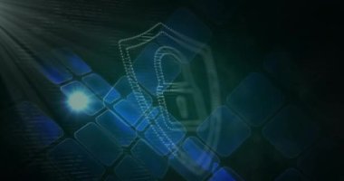 Animation of digital shield with padlock over squares and light. Data safety, digital security, global network and technology concept digitally generated video.