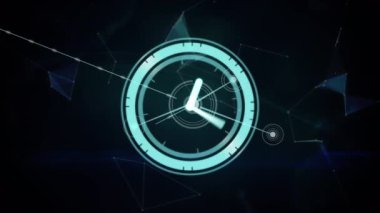 Animation of moving clock over network of connections with globe on black background. Global technology, connections and digital interface concept digitally generated video.