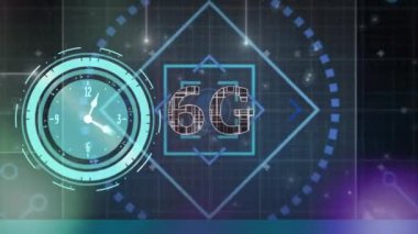 Animation of clock, 6g text and data processing on screen. Global data processing, digital interface and connections concept digitally generated video.