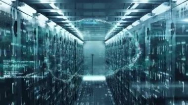Animation of data processing over computer servers. Global data processing digital interface and technology concept digitally generated video.