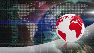 Animation of data processing over world map and globe. Global computing, digital interface and data processing concept digitally generated video.