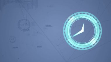 Animation of moving clock and rotating safe lock with light trails on blurred background. Global connections business digital interface technology and networking concept digitally generated video.