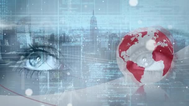 Animation Globe Cityscape Woman Closing Eyes Digital Composite Human Eye — Wideo stockowe