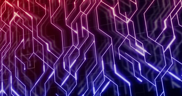 Image Neon Integrated Circuit Black Violet Background Electronics Signal Data — Stockfoto