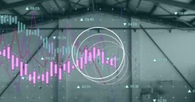 Animation of graphs, circles and financial data over empty hall. Global business, finance, money and economy concept digitally generated video.