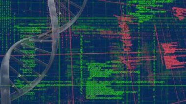 Mavi arka plandaki veri işleme üzerinde DNA iplikçiklerinin canlandırılması. Küresel teknoloji, bilgisayar ve dijital arayüz kavramı dijital olarak oluşturulmuş video.