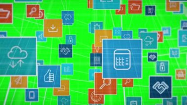 Animation of network of connections with icons over green background. global business, computing and digital interface concept digitally generated video.