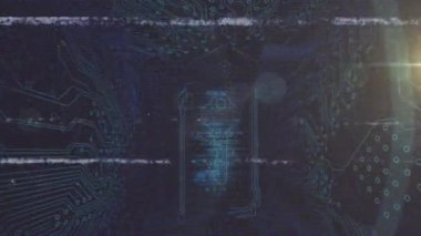 Animation of key icon with circuit board elements on glitch digital interface. Digital composite, data, technology, artificial intelligence, cloud computing, network security, password.