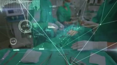 Animation of connected network and medical data over caucasian surgeons operating patient. Composite, occupation, multiple exposure, surgeon, teamwork, surgery, technology, data, health.