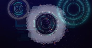 Dijital dairelerin ve noktaların soyut arkaplandaki çizgilerle birleştiği animasyon. Hologram, dijital olarak oluşturulmuş, veri, tarama, telekomünikasyon, internet, gelecek ve teknoloji.
