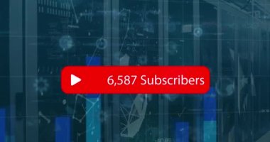 Animation of social media subscribers notification over charts processing data on interface. Global communication network, digital interface and social media concept digitally generated video.