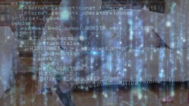 Animation of data processing over caucasian woman jumping rope. Lifestyle and digital interface concept digitally generated video.