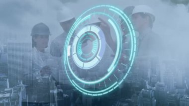 Animation of scope scanning and cityscape over diverse business people. global business, data processing and technology concept digitally generated video.