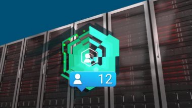 Animation of social media icons and numbers over servers. Global social media, computing and data processing concept digitally generated video.