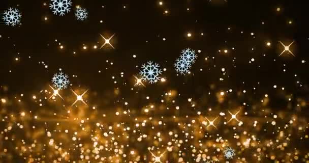 Animation Digital Snowflakes Diagonally Falling Twinkling Lights Black Background Composite — Stockvideo