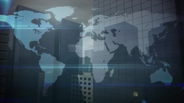 Animation Digital Screen World Map Data Connections Office Buildings Digital — Vídeo de Stock