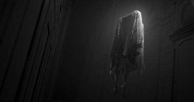 Image of moving ghost and buildings on black background. Halloween and ghosts concept digitally generated image.