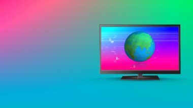 Animation of tv with globe on colorful background. Media, television, communication and information concept digitally generated video.