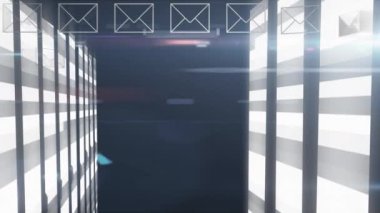 Animation of envelopes moving over tunnel made of lights. Digital interface, email and technology concept digitally generated video.