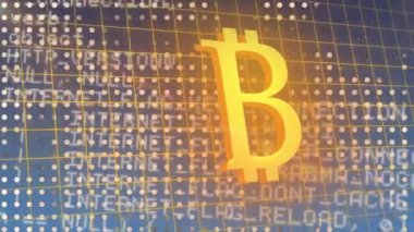 Animation of bitcoin symbol and data processing. Global business, finance, computing, connections and data processing concept digitally generated video.