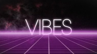 Animation of vibes text in white over pink neon grid and interference on black background. Global communication network, digital interface and social media concept digitally generated video.