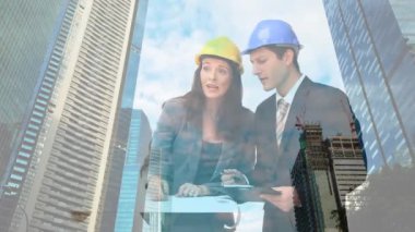 Şehirdeki çeşitli iş adamlarının animasyonu. küresel iş, bilgisayar ve dijital arayüz kavramı dijital olarak oluşturulmuş video.