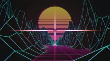 Animation of lights over moving metaverse landscape with moon. video game, communication and entertainment concept digitally generated video.