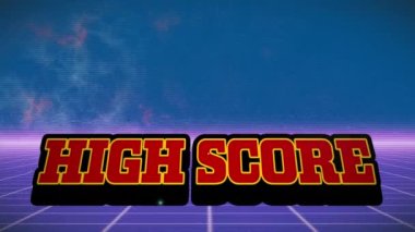 Animation of high score in blue and violet space with lines. video games, communication and entertainment concept digitally generated video.