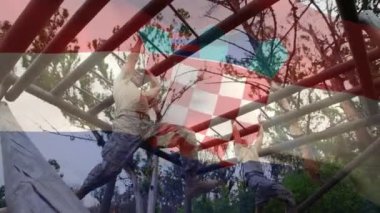 Animation of flag of croatia over diverse male soldiers during training. army, defense and patriotism concept digitally generated video.